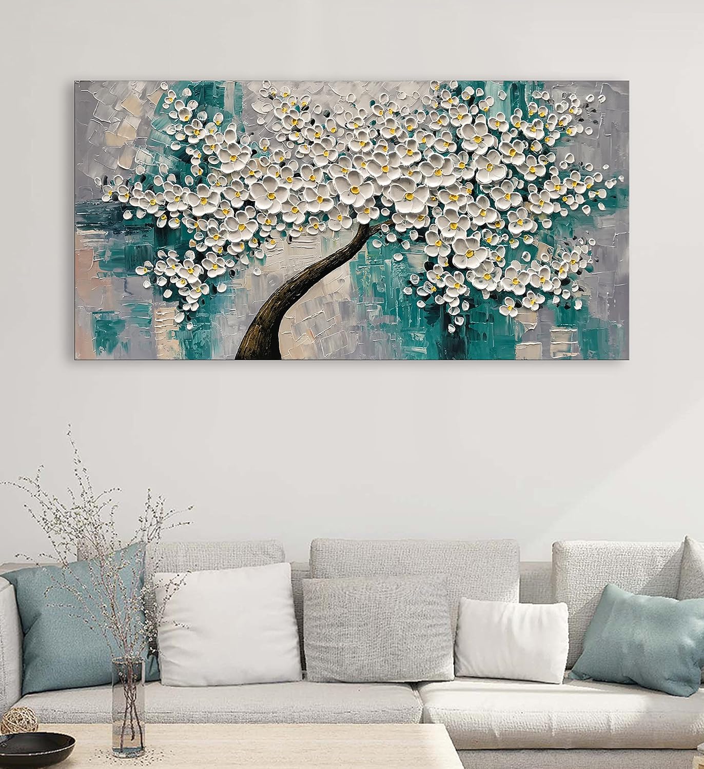 3D Abstract Art Oil Painting White Flower Tree Painting Textured Palette Knife White Flower Painting Modern Canvas Wall Art Home Decoration Home Painting (24x48 inches)