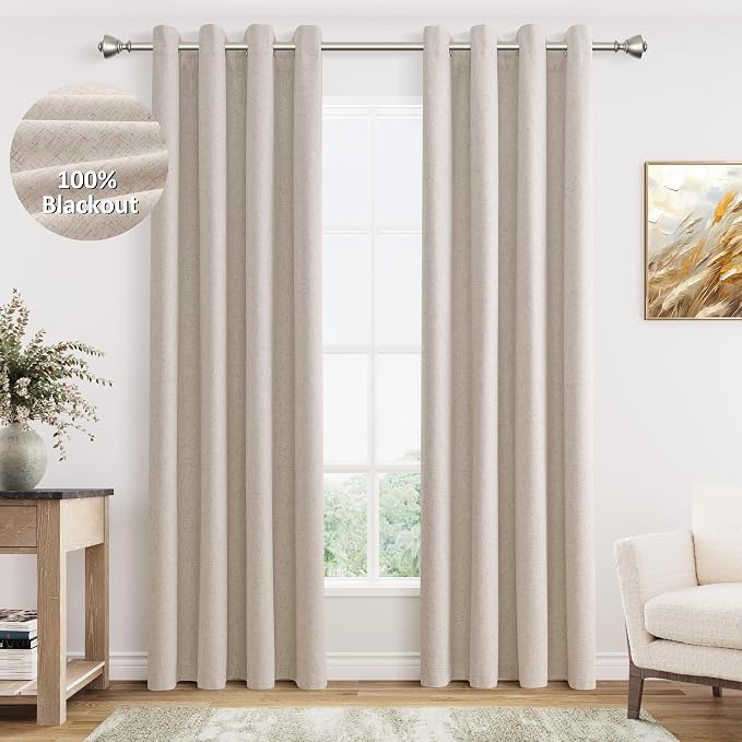 Jowels Oatmeal Linen Blackout Curtains 90 Length 2 Panels Set for Living Room Bedroom, 100% Black Out Thermal Insulated Linen Drapes, Room Darkening Grommet Curtains 90 Inches Long