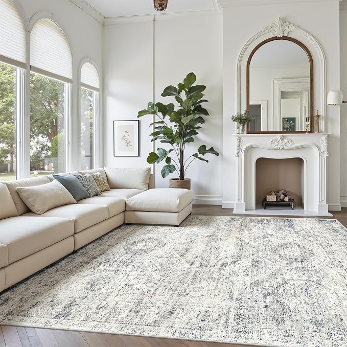 Soalmost Washable Area Rug 8x10, Large Soft Rugs for Living Room Vintage 8x10 Area Rugs for Bedroom Dining Room Non-Slip Stain Resistant Under Table Blue Ivory Rug