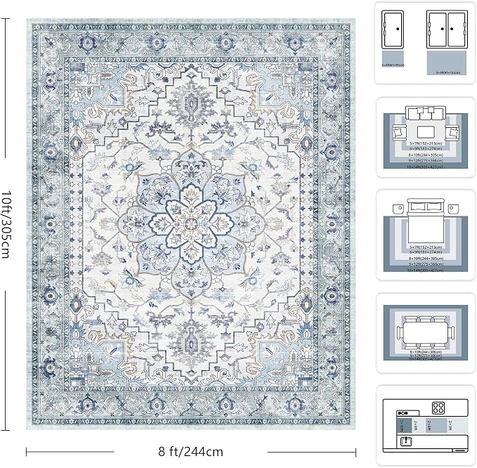 8x10 Area Rugs for Living Room - Washable Rug Vintage Distress Boho Medallion Rugs for Bedroom, Soft Non-Slip Backing Low Pile Carpet for Dining Room Office Nursery Home, Blue Grey Purple