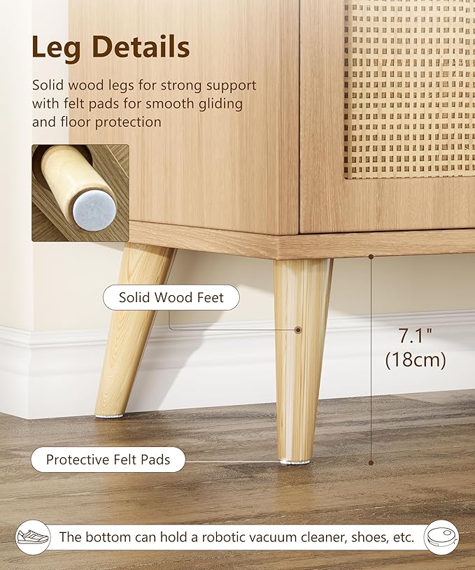 Keehusux Rattan Storage Cabinet with Drawer and 2 Doors, Accent Sideboard Buffet Cabinet with Adjustable Shelf, Solid Wood Feet, Coffee Bar for Kitchen, Living Room, Entryway, Natural Oak