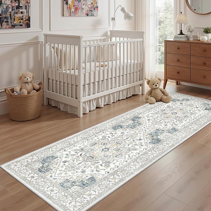 Runner Rug 2'x6' Washable Vintage Area Rugs for Hallway Non Slip Laundry Rug Runner Boho Floor Carpet Runners for Entryway Laundry Room Kitchen Bathroom (2'x6',BeigeBlue)