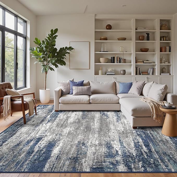 GENIMO Area Rugs 9x12 Living Room, Large Machine Washable Rug Non-Slip, Modern Soft Low Pile Rugs for Bedroom, Playroom, Dining Room, Blue Ivory