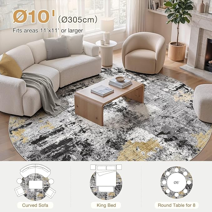Abstract 10FT Round Rug: Machine Washable Non Slip Ultra Thin Low-Pile Carpet, Soft Stain Resistant for Living Dining Room Bedroom, Kid Pet Friendly, Robot Vacuum Compatible - Black Gold