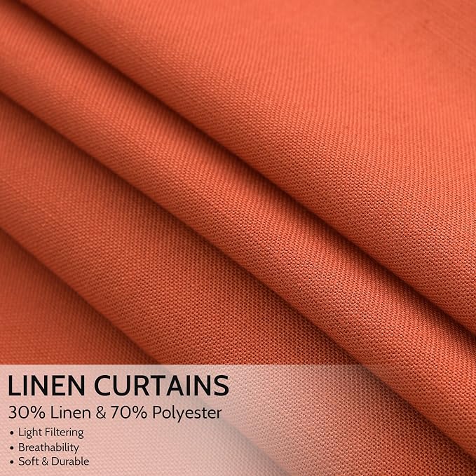 Bright Orange Linen Curtains 90 Inch Long 2 Panels Set for Bedroom Living Room, Soft Linen Textured Window Drapes Semi Sheer Light Filtering Rod Pocket Back Tab Morden Style 52x90