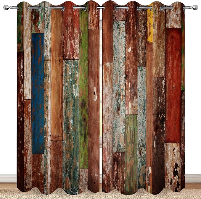 MissHope Rustic Wood Barn Door Blackout Curtains Village Wooden Home Decor Vintage Farmhouse Country Colorful Plank Decorate for Bedroom Living Room Grommet Window Drapes 2 Panels Set, 42"x63"