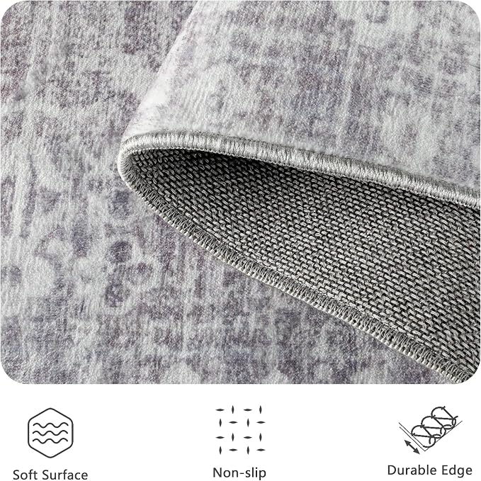 8x10 Area Rugs for Living Room, Washable Vintage Retro Floral Rug, Low Pile Non Slip Distressed Large Carpet for Bedroom, Dining Room, Office, Home (Vintage Purple Grey)