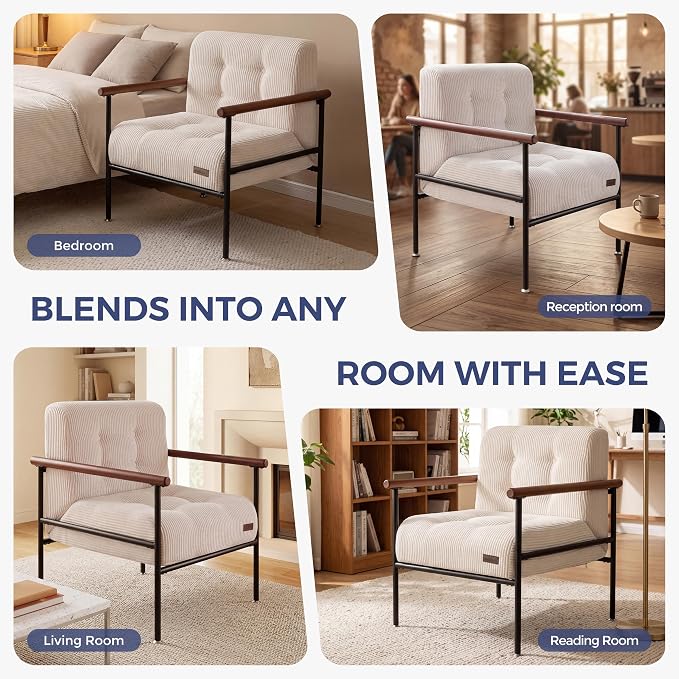 MAXYOYO Living Room Accent Chair, Modern Chair with Metal Frame | Upholstered Reading Chair Modern Living Room Chair with Support Cushion for Bedroom Balcony Porch, Beige