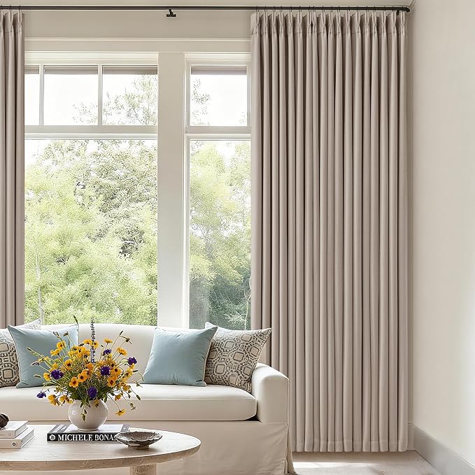 108 Inch Pinch Pleat Drapes Greyish Beige Room Darkening Curtains 108 Inches Long for Bedroom Neutral Farmhouse 100% Blackout Thick Linen Double Layer Pleated Curtain 2 Panels Set Burlywood Birch