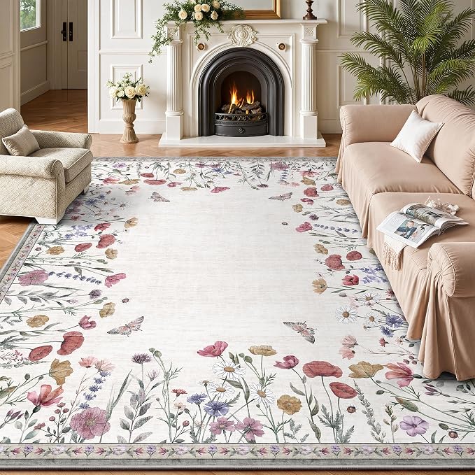 6x9 Area Rugs, Washable Floral Area Rugs for Living Room, Indoor Area Rug for Bedroom, Dining Room, Low Pile Non-Slip Non Shedding Rugs(Classic Beige)