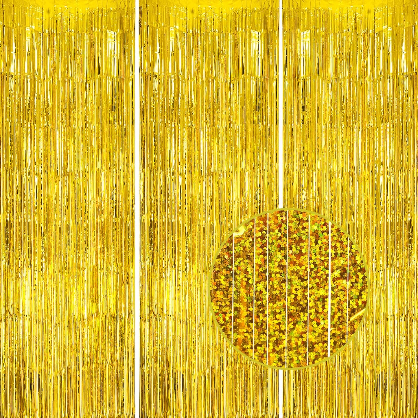 3 Pack Foil Fringe Backdrop - Laser Gold Shiny Tinsel Curtains for Party Decoration/Photo Booth Props - 3.3x8.2 FT Metallic Foil Backdrop for Birthday, Wedding, Graduation, Christmas.