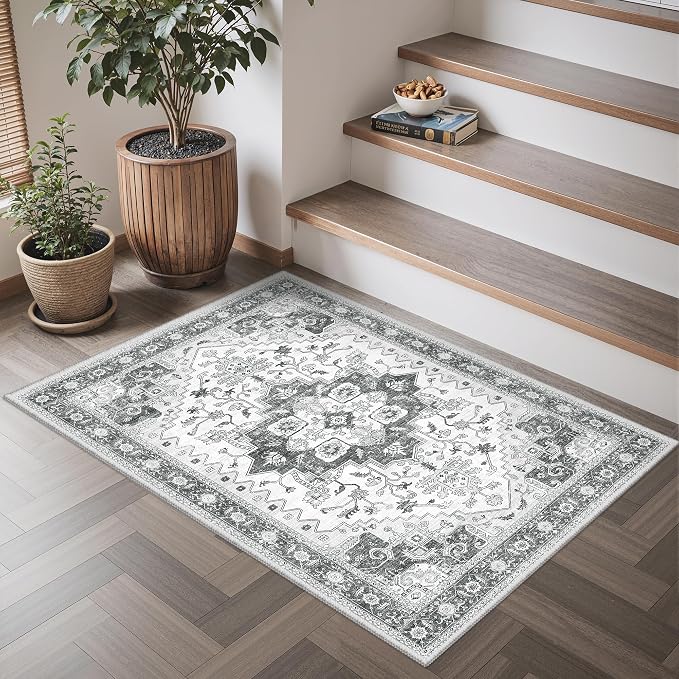 Rugs for Entryway, 2X3 Washable Kitchen Rugs Non Slip Indoor Door Mat Stain Resistant Small Low-Pile Throw Carpet for Bathroom Bedroom(2x3,Grey)