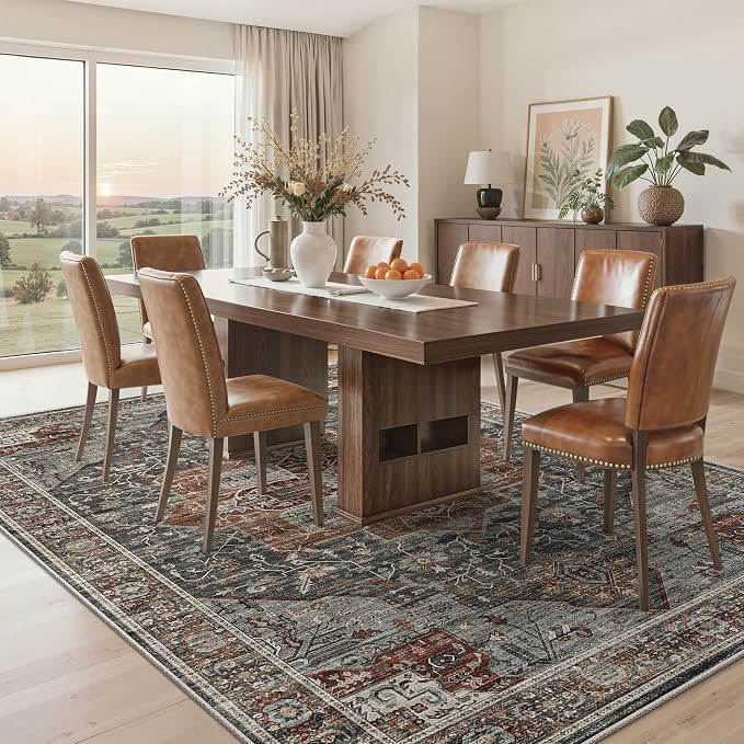 Roxstand 6x9 Rug, Stain Resistant Washable Area Rugs with Anti-Slip Backing, Vintage Large Bedroom, Living Room Rugs, Foldable Soft Rug (Grey/Brown/Tan, 6'x9')