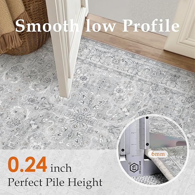 PureCozy Gray 2x3 Area Rug Entryway Washable Vintage Carpet Door Mat Small Indoor Non Slip Soft Low Pile Thin Stain Resistant Distressed Accent Throw Rug for Kitchen Bathroom Entrance Bedroom