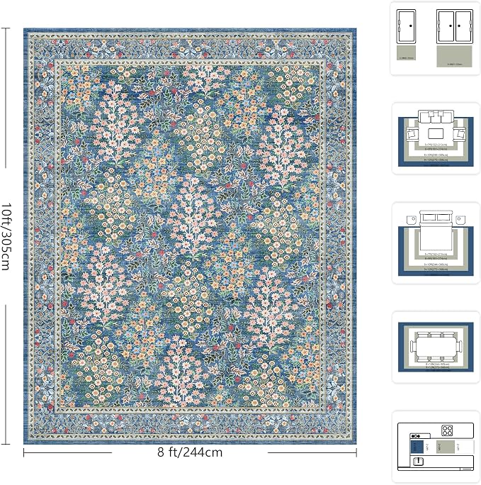 8x10 Area Rugs, Machine Washable Low Pile Floral Rugs for Living Room, Bedroom, Large Boho Area Rug with Non-Slip Backing for Dining Room(Blue Floral)