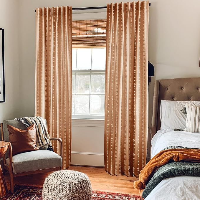 108 Inches Long Terracotta Curtains for Patio 2 Panel Sets,Sheer Linen Boho Patterned Curtains for Living Room