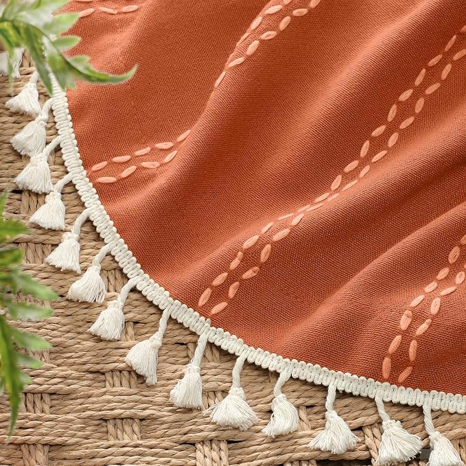Burnt Orange Boho Blackout Curtains 2 Panels 84 Inch for Living Room Bedroom, Linen Texture Farmhouse Curtains with Tassels and White Cotton Embroidery Vintage Rustic Country Western