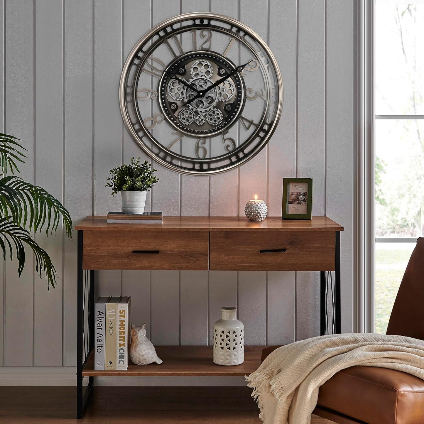 CLXEAST 21 Inch Large Moving Gear Wall Clock,Industrial Steampunk Decor,Decorative Wall Clock for Modern Farmhouse Living Room Decor,Gunmetal Silver Finish