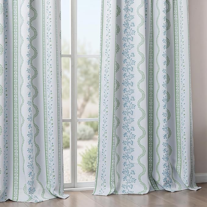 Sage Green Floral Blackout Curtains, Farmhouse Cottage Core Vine Botanical Patterned Drapes, Light Green White Thermal Insulated Room Darkening Curtains for Bedroom Living Room, 84 Inch Long 2 Panels