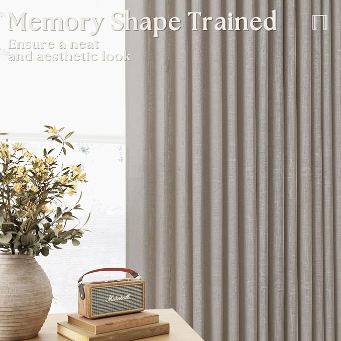 Pinch Pleated Linen Curtains 112 Inches Long for Living Room 2 Panels Set Greyish Beige Flax Double Pleated Drapes Back Tab Farmhouse Ceiling Floor 112 Inch Window Curtains Bedroom Burlywood Birch