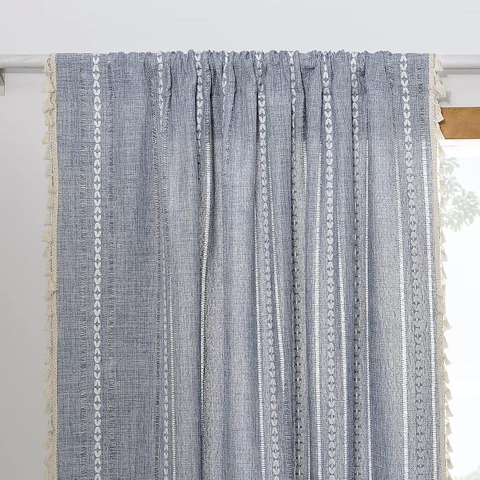RoomTalks Boho Curtains for Bedroom Living Room 72 Inch Length Blue Country Farmhouse Cotton Polyester Window Curtain Panels Embroidery Striped Bohemian Tassel Draperies (72’’L x 52’’W, Blue)
