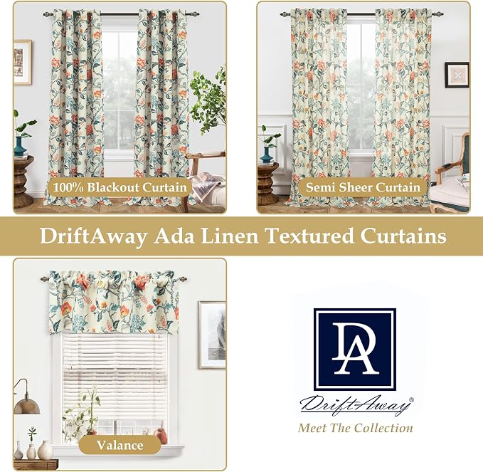 DriftAway Ada Floral Botanical Print Flower Leaf Lined Thermal Insulated Room Darkening Blackout Window Curtains 2 Layers Set of 2 Panels Each 52 Inch by 96 Inch Linen Orange Teal