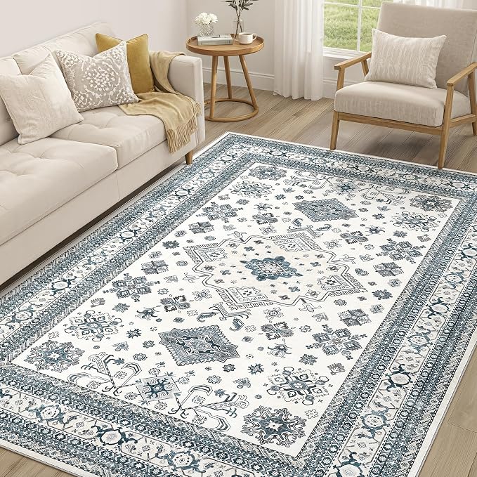 Vintage Living Room Area Rug 5x7 - Large Soft Washable Oriental Traditional Distressed Farmhouse Rugs for Bedroom - Indoor Floor Accent Carpet for Home Office House Decor - Powder Blue
