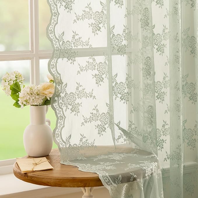 MEETSKY Sage Green Lace Curtains 72 Inch Length Vintage French Floral Patterned Boho Sheer Window Panels Rod Pocket Transparent Light Filtering Drapes for Living Room, 50" W Each Panel, Pack-2
