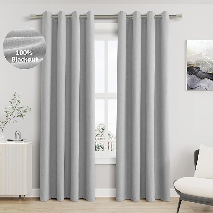 Jowels Grey Linen Blackout Curtains 84 Length 2 Panels Set for Living Room Bedroom, 100% Black Out Thermal Insulated Linen Drapes, Room Darkening Grommet Curtains 84 Inches Long