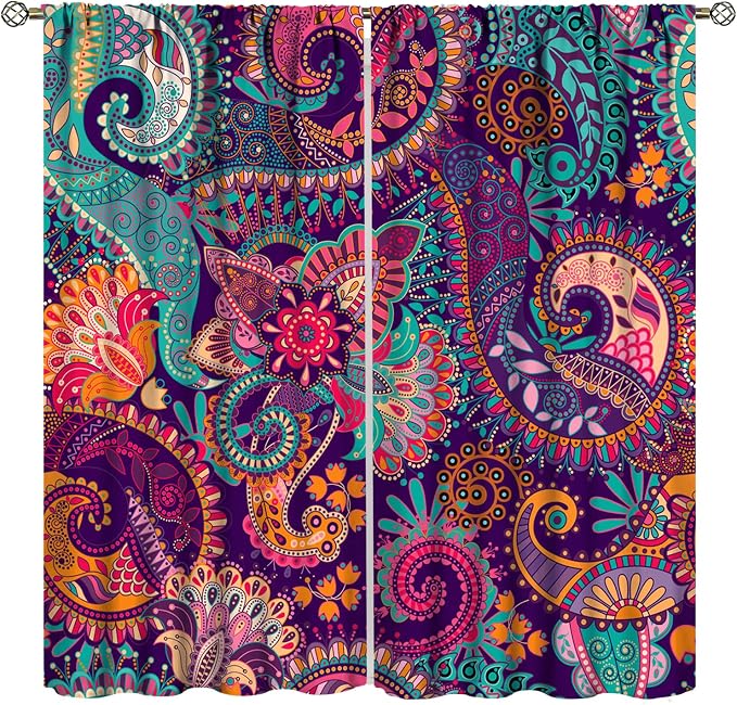 Vintage Bohemian Curtains, Indian Bohemian Mandala Colorful Pattern Blackout Thermal Curtains, Bedroom Living Room Curtains, 2 Panel Set, 42x45 in.