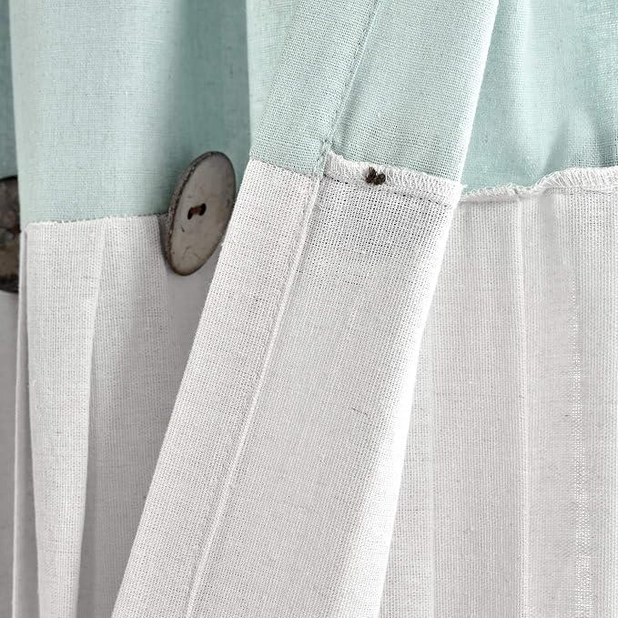 Lush Decor Linen Button Window Curtain Panel, Single, 40" W x 63" L, Blue & Off White - Country Curtains - Rustic Decor - Color Block Modern Farmhouse Curtains For Living Room, Bedroom & Dining Room