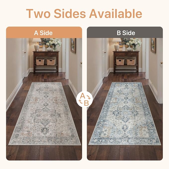 GENIMO 2.5x6 Reversible Runner Rugs for Hallway, Machine Washable Non Slip Vintage Rugs with Pad, Low Pile Lightweight Soft Print Rug for enrtyway, Corridor, Home, Office, Kitchen, Taupe & Blue