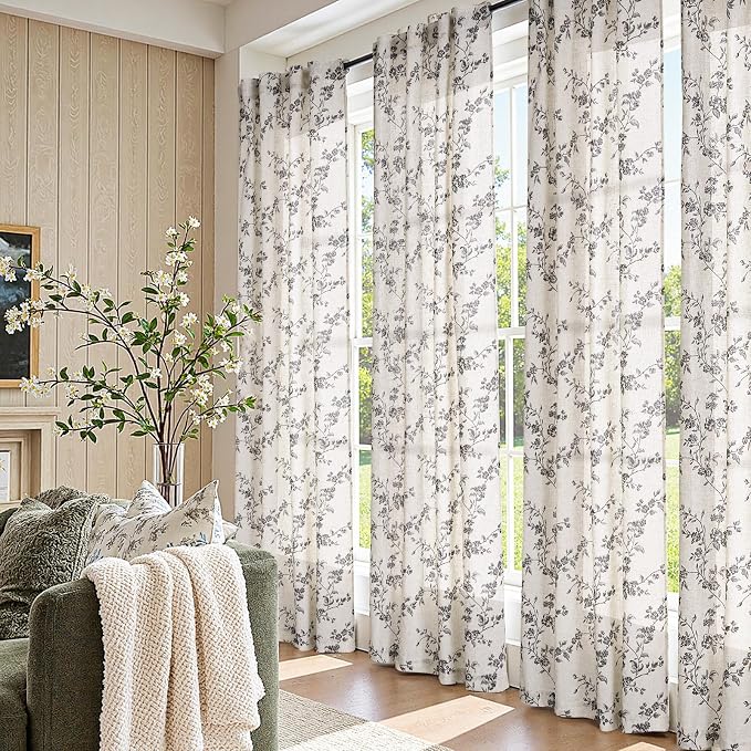 jinchan Black Floral Linen Curtains 84 Inch Rustic Drapes Back Tab 2 Panels | Black on beige, light filtering, semi sheer, farmhouse, country, privacy, flower, bedroom, living room, window treatment