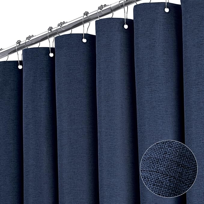 BTTN Extra Wide Shower Curtain - 108x72 Inch Linen Textured Waterproof Fabric Shower Curtain Set with 18 Plastic Hooks, Large Modern Neutral Decorative Shower Curtains for Bathroom and Bathtub - Navy