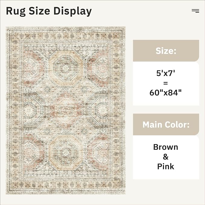 Soalmost 5x7 Area Rugs Brown Pink Low Pile Indoor Washable Trendy Faded Style Rugs for Bedroom Living Room Dining Room Foldable Non-Slip Thin Print Mat