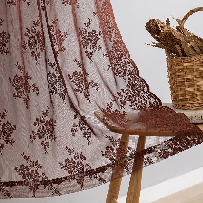 Kotile Warm Brown Sheer Curtains 36 Inch Length for Kitchen Window Over Sink, 2 Panels W42 x L36 Inch, Country Floral Brown Colored Short Lace Curtains, Rod Pocket Privacy Cottage Sheer Cafe Curtain