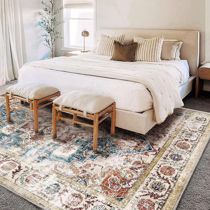 CHAMPLANT Washable Area Rug 9'x12' Beige Blue Boho Chic Medallion Distressed Design Non-Shedding Easy Care Ideal for High Traffic Areas in Living Room Bedroom Office Coffee Table Large Carpet