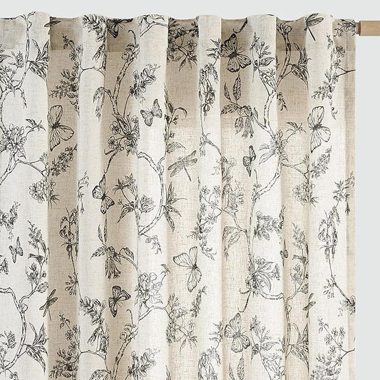 jinchan Floral Linen Curtains for Living Room 84 Inch Length Printed Toile Curtain Black Light Filtering French Country Farmhouse Curtain Flower Patterned Drapes Bedroom Back Tab Rod Pocket 2 Panels