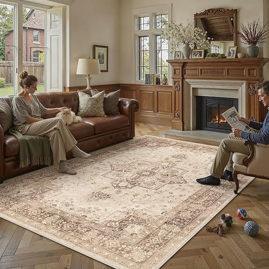 PureCozy Brown 6x9 Area Rug Washable Vintage Living Room Carpet Non Slip Retro Distressed Low Pile Soft Oriental Medallion Thin Large Throw Rug for Office Bedroom Dining Room Playroom