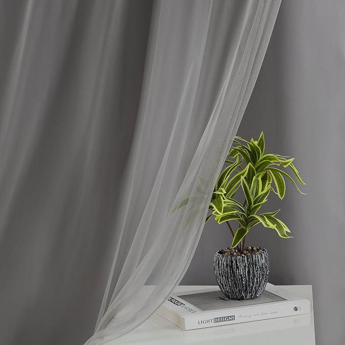 Bujasso Grey 90% Blackout Curtains with Sheer Overlay Mix and Match Double Layer Window Curtains Thermal Insulated 72 inch for Living Room Bedroom Gray Drapes with Tiebacks Grommet Top 37" Wx72 Lx2