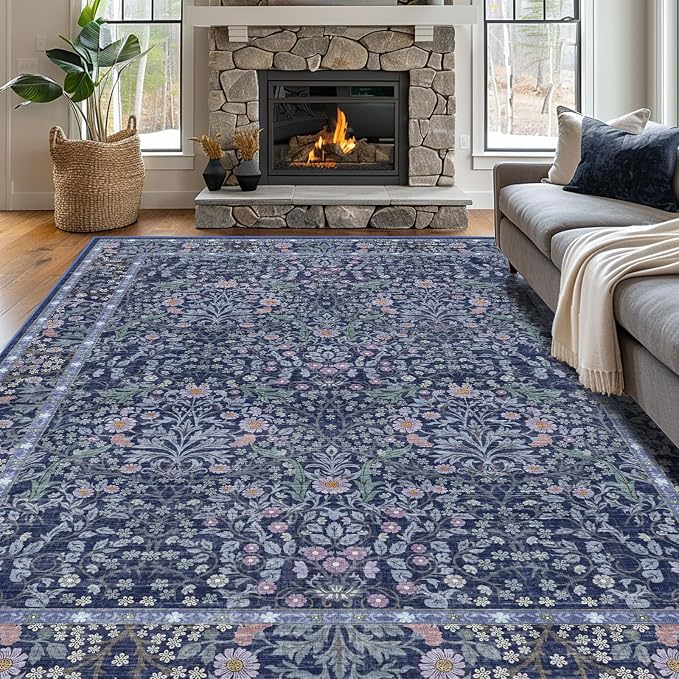 6x9 Washable Area Rugs for Living Room, Stain Resistant Vintage Rugs for Dining Room Under Kitchen Table, Bedroom, Floral Low Pile Non-Slip Large Carpet (6 x 9 Blue)