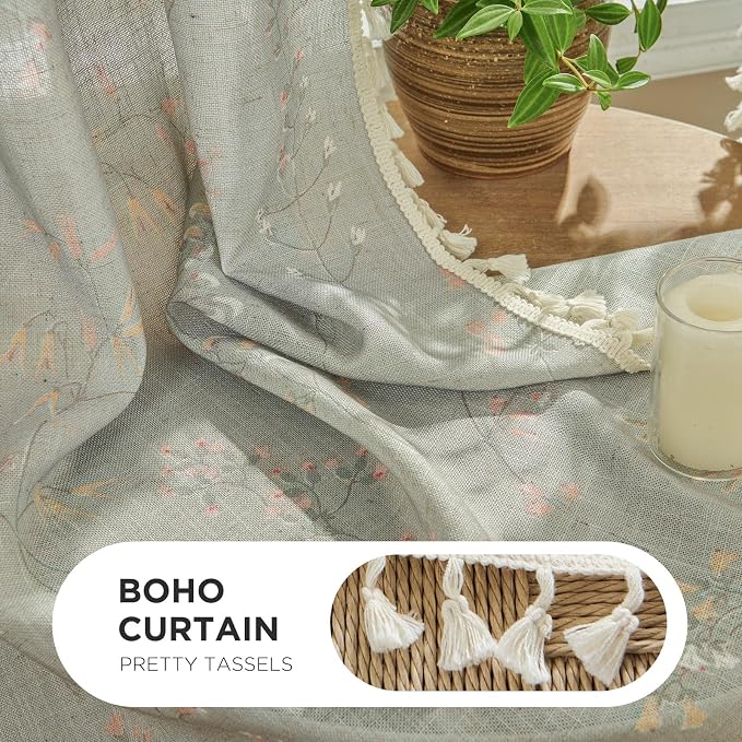 Joydeco Blue Floral Boho Curtains 63 Inch Length 2 Panels, Super Soft Bohemian Farmhouse Curtains with Tassels, Semi Sheer Light Filtering Drapes for Bedroom Living Room (Rod Pocket, 52Wx63L)