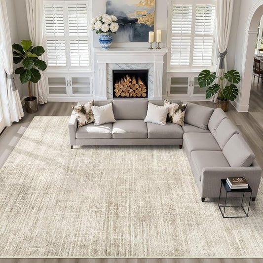10x13 Area Rug Living Room: Washable Large Neutral Beige Rug Abstract Soft Modern Stain Resistant Indoor Floor Non-Slip Carpet for Bedroom Nursery Kids Office Playroom Dining Room Under Table Home