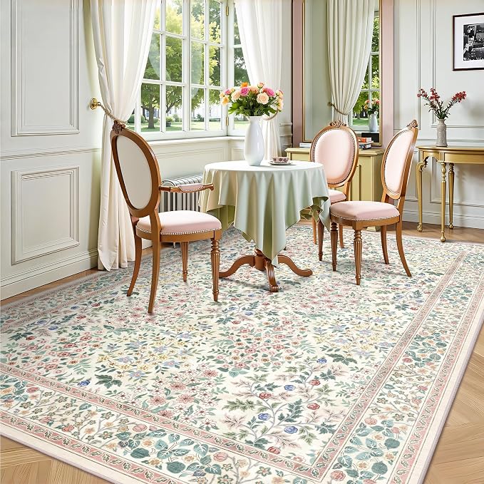 5x7 Area Rugs, Vintage Washable Rug for Bedroom, Indoor Non-Slip Rugs for Living Room, Dining Room, Low Pile Home Decor Floral Rug(Pink Floral)
