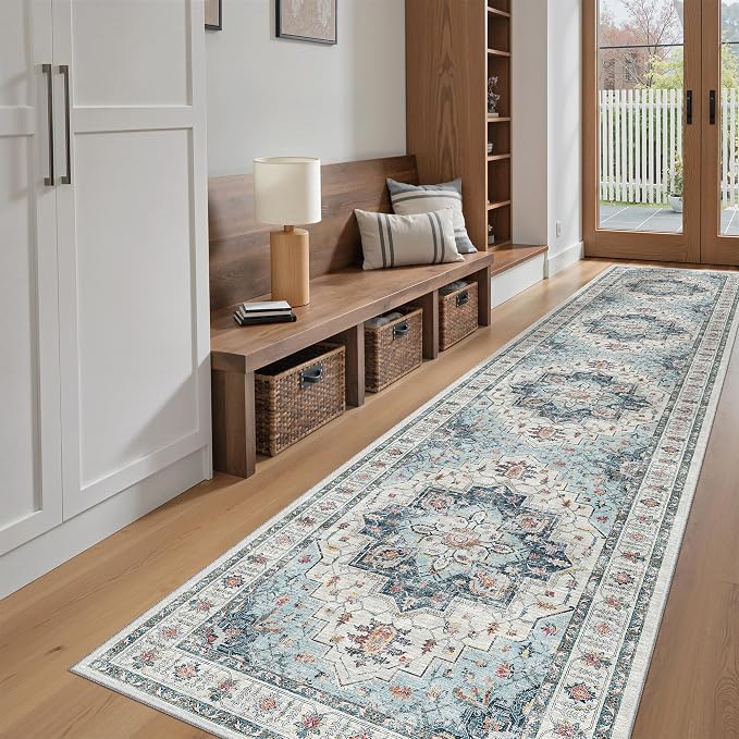 Madane Hallway Runner Rug 2'6''x12' Kitchen Runners Vintage, Blue | Non-Slip Washable Rugs 12ft for Laundry Room, Entryway and Bedroom, Soft Low Pile Stain-Resistant Wide 2.5x12 Ft Floor Carpet