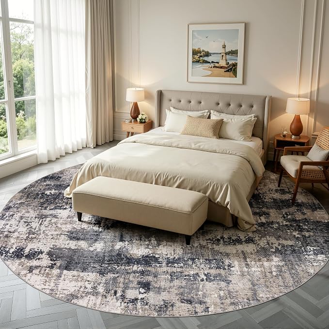 Sasttie 8ft Soft Round Area Rug, Modern Abstract Washable Large Circle Carpet for Living Room, Bedroom, Dining Room Table, with Non-Slip Backing, Black and Beige
