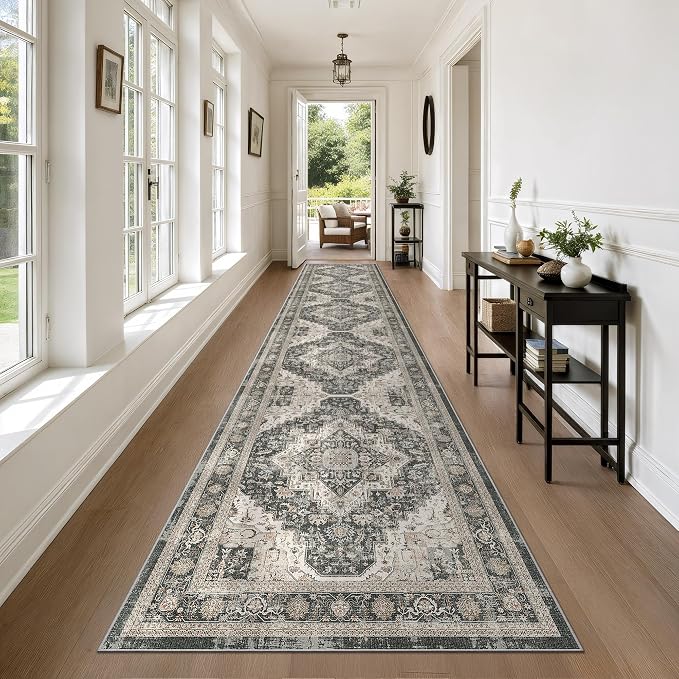 Roxstand Washable 2.6x14 Hallway Runner Rug, Black/Beige | Low-Pile Carpet, Non-slip Backing,14ft Runner, Stain Resistant, Runner for Kitchen, Laundry Room, Entryway, Vintage Design