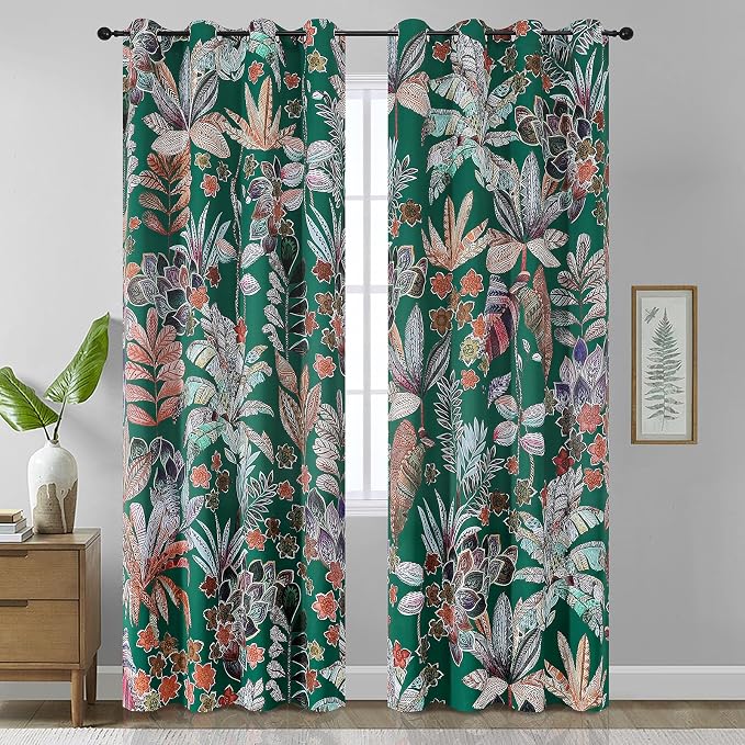 Estelar Textiler Boho Floral Leaves Blackout Curtains 102 inches Long for Living Room,Grommet Thermal Insulated Room Darkening Curtains & Drapes for Bedroom,Green,52x102 Inch,2 Panels