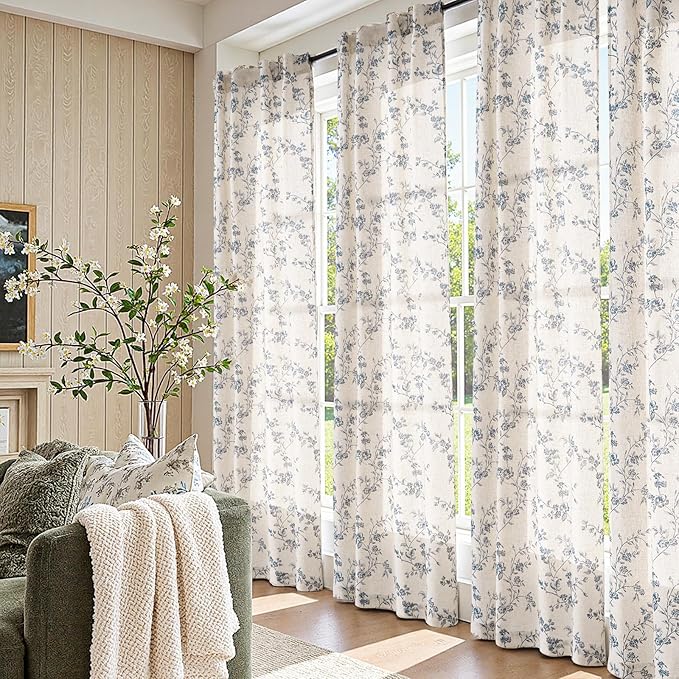 jinchan Blue Floral Linen Curtains 84 Inch Country Drapes Back Tab 2 Panels | Blue on beige, light filtering, semi sheer, farmhouse, rustic, privacy, bedroom, living room, laundry, window treatment