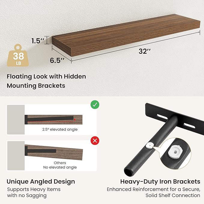 Fun Memories Floating Shelves for Wall, 32 Inch Set of 2 Rustic Wood Wall Shelves with Invisible Brackets, Heavy Duty Storage Display for Living Room Bedroom Kitchen, Walnut